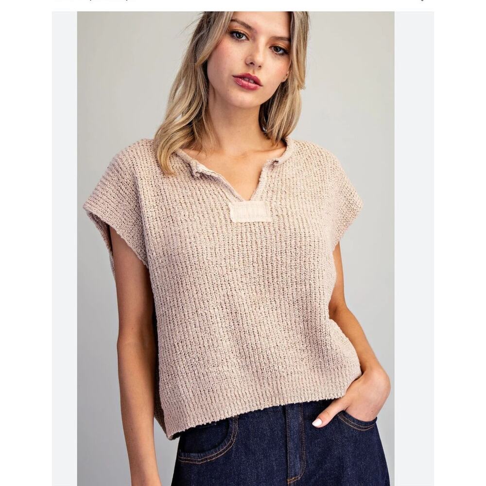 Zenana Short Sleeve Oversized Sweater L XL Cream Beige Boho Beach Casual Vacay - Picture 1 of 7